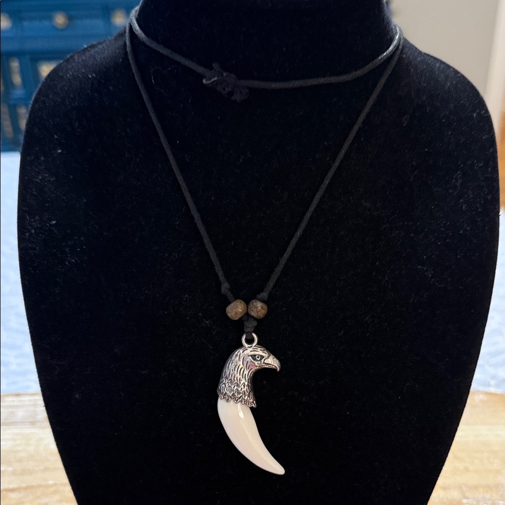 Native American Style Black Rope Silver Tone Eagle Tooth Pendant Necklace